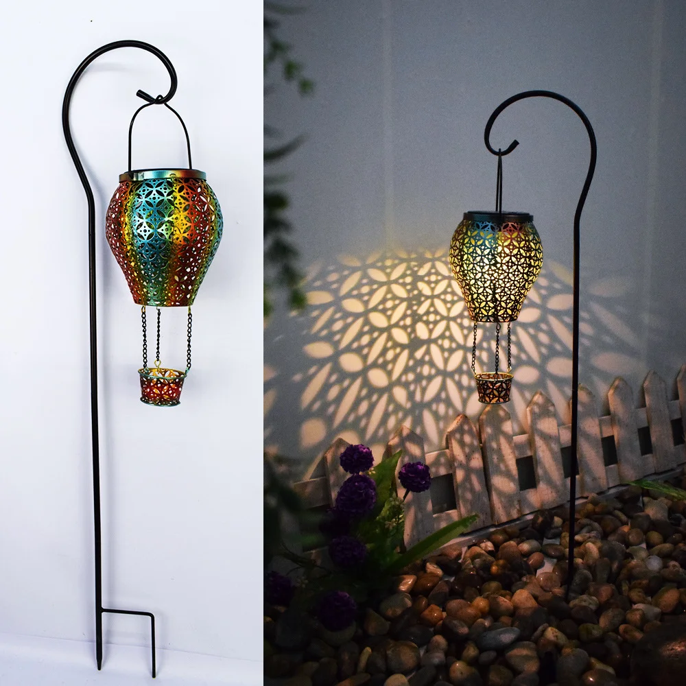 Solar Hot Air Balloon Lanterns Outdoor Waterproof Metal Wrought Iron Hanging Solar Garden Landscape Decor Light Lawn Lamp