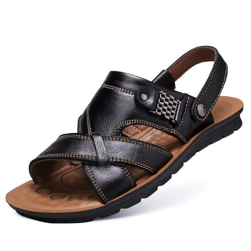 High quality new style comfortable genuine leather beach outdoor slides slipper sandals for men