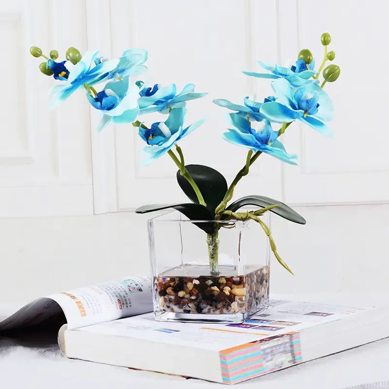 Artificial Flower Bonsai with Glass Vase Orchid Flowers Arrangement Phalaenopsis Flowers Pot for Home Office