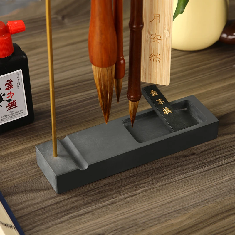 Brass Chinese Calligraphy Brush Pen Holder with 8 Needles & Ink Stone Base Desk Organizer Ink Hanger