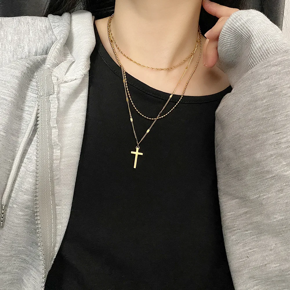 Cuban Chain Necklace Stainless steel Cross for Women gold silver color double layer Big Necklace