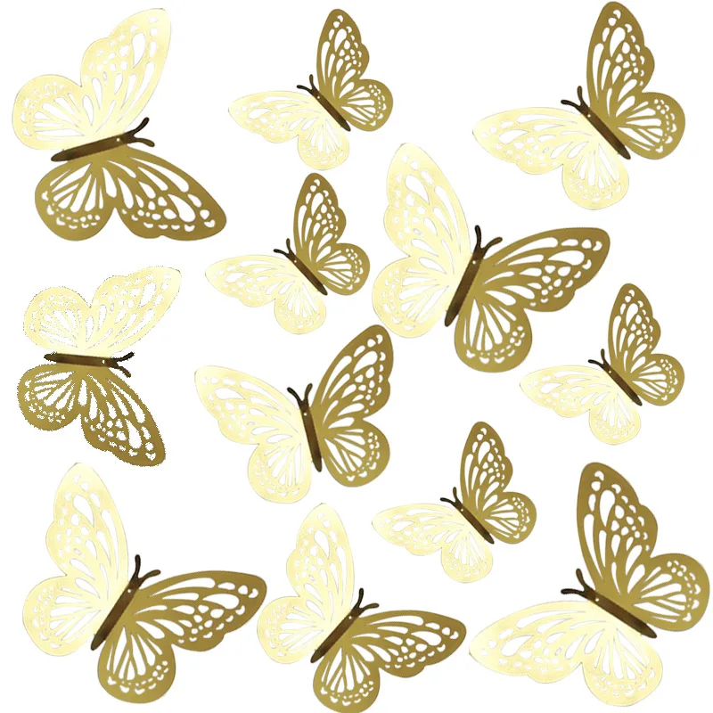Ychon new wholesale 12pcs laser shiny butterfly cake toppers silver colorful hollow 3D butterfly cake decor wall diy art decor