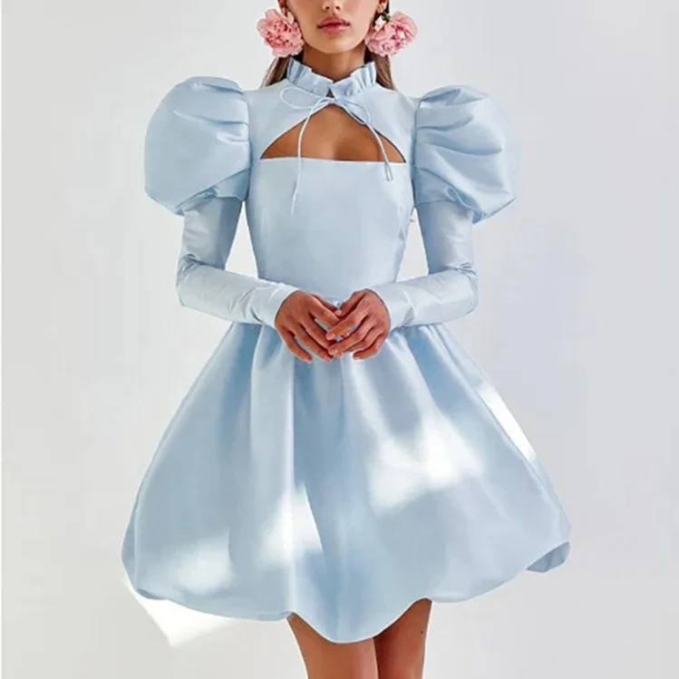 custom designer fashion summer elegant modest wholesale one piece lady cut out puff sleeve satin Prom Female mini dress women