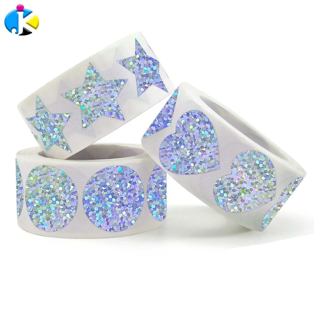 Factory direct hot silver label glittering round heart-shaped five-pointed star sticker adhesive customized hot stamping
