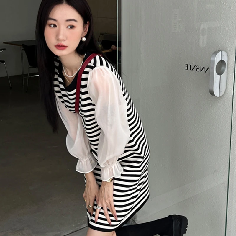 2022 F/W Ladies New Casual Chiffon Dresses Women Lady Elegant Patchwork Contrast Stripe Knit Loose Mid Length One-Piece Dress