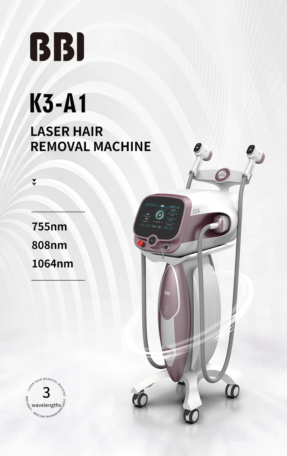 BBI 3 Wavelength 755nm 808nm 1064nm Diode Laser Hair Removal Machine System 2 Handles Alexandrite Laser