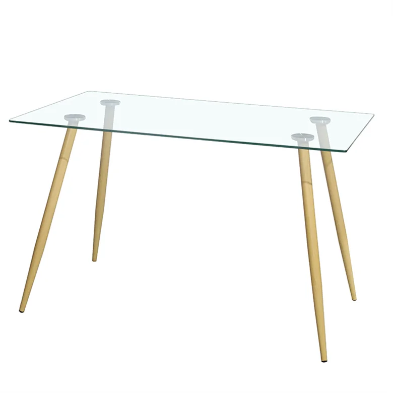 Glass Dinning Room Table Modern Wood Grain Metal  Leg Rectangular Square Clear Tempered Glass Top Dining Table