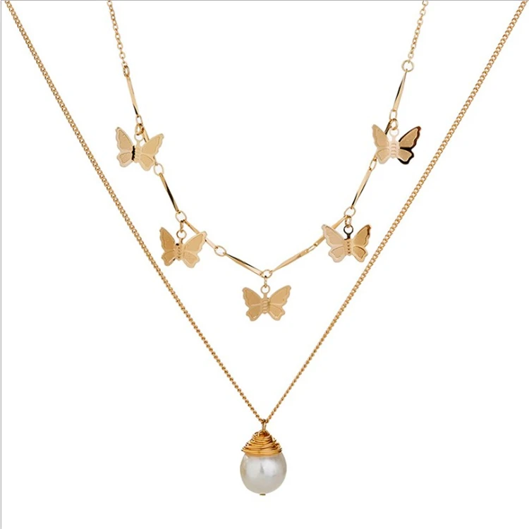 Fashion Fashion Jewelry Metal Three-dimensional Multilayer Butterfly Necklace Creative Wild Trend Gem Pearl Necklace