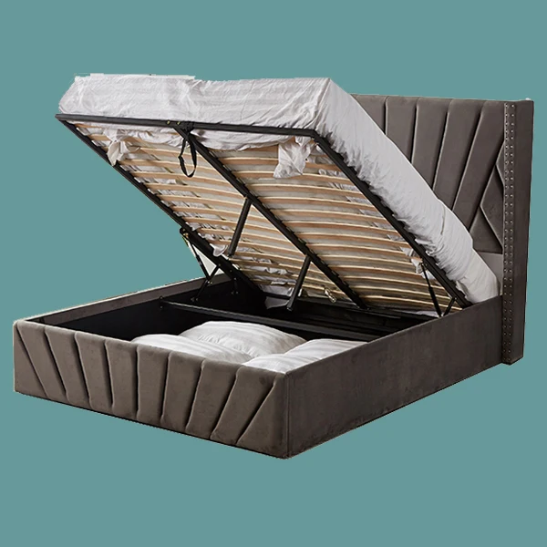 high quality  Handmade in CHINA  Honglin furniture gas lift Bed Frame Plush Velvet Upholstered Ottoman bed frame