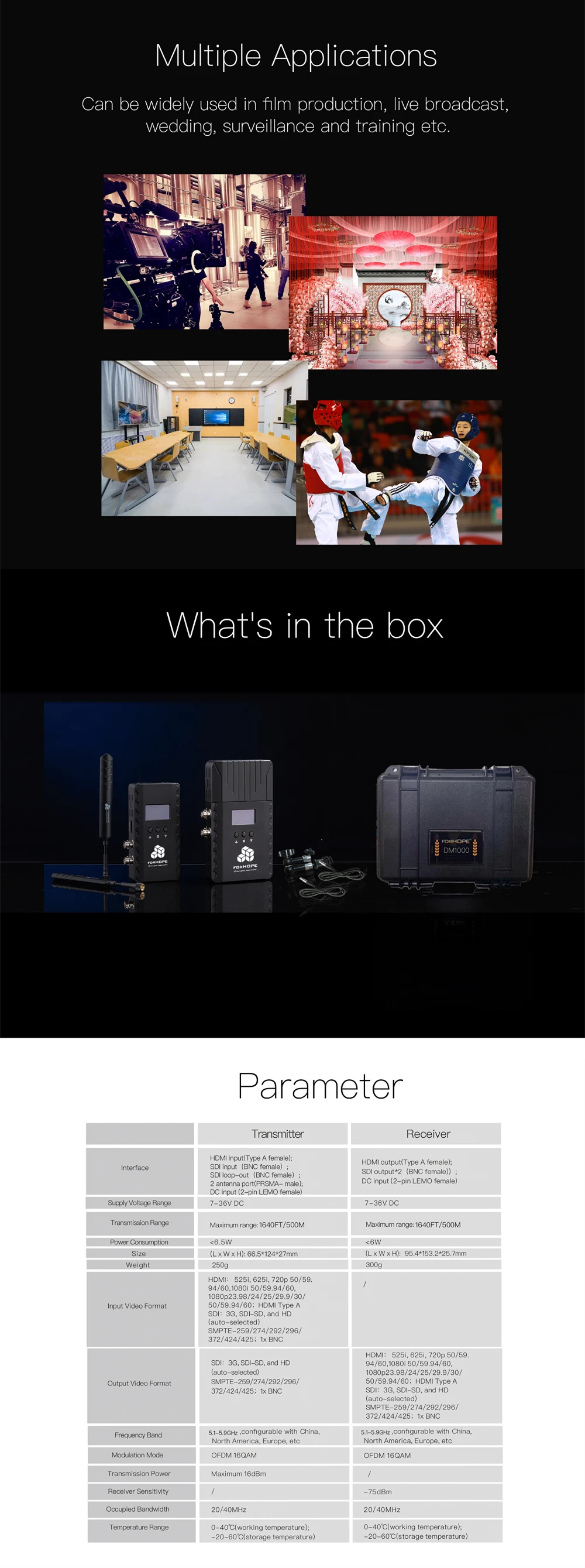 Forhope DM1000 1000FT SDI HD MI Compatible wireless audio video transmitter receiver