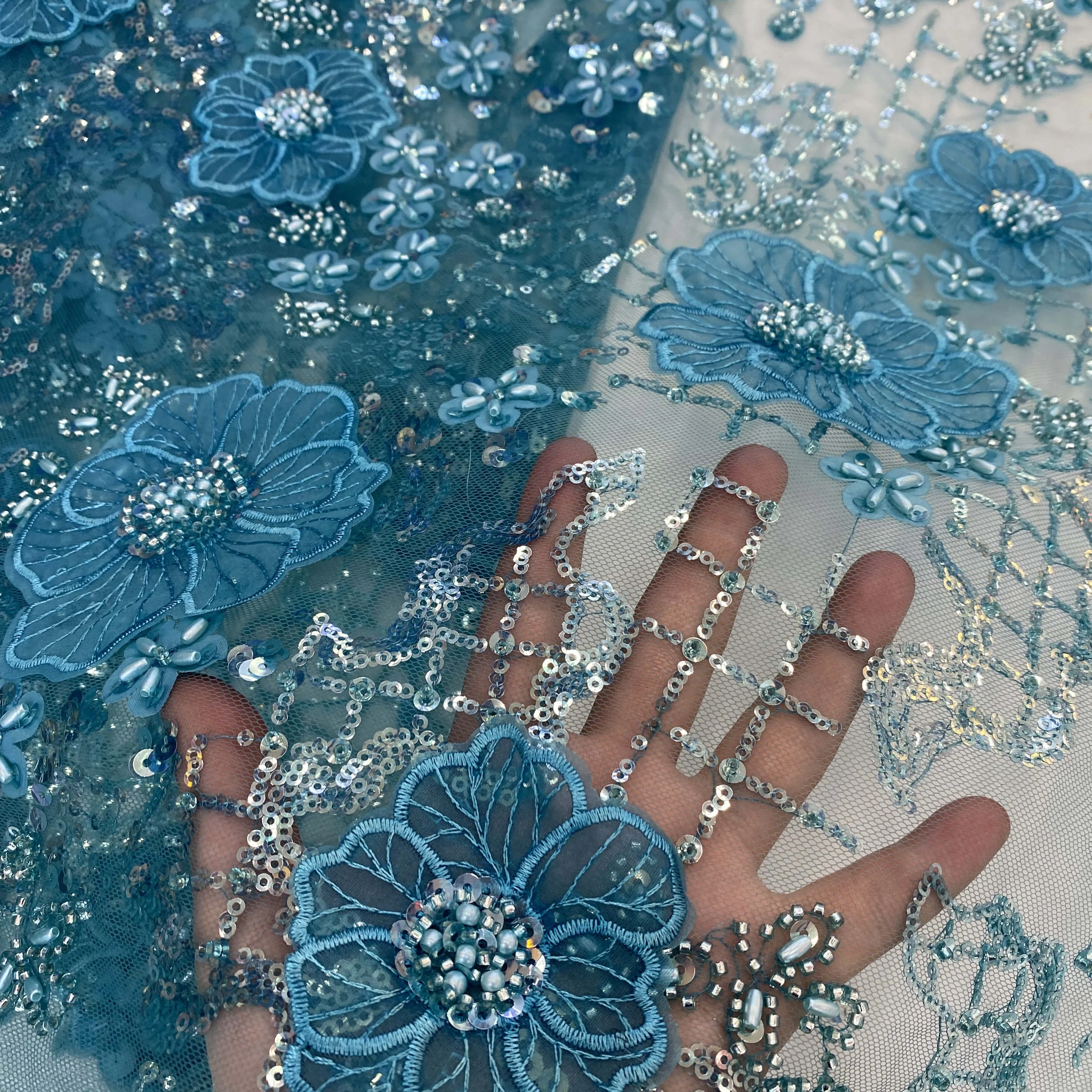 Handmade flowers sequin embroidery fabric with 3D flowers and sequins shiny tulle mesh lace fabric for elegant wedding material