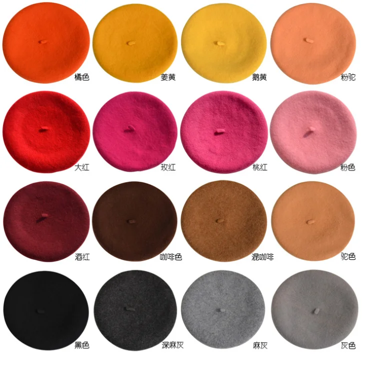 
Hot Sale colorful Fashion Artist 100%Wool Classical plain French Beret for Women outdoor 
