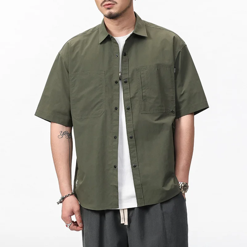 Trendy Design Oversize Cropped Men Shirts Cotton Short Sleeve Loose Armygreen 3Xl Mens Shirts Half Shirt For Men