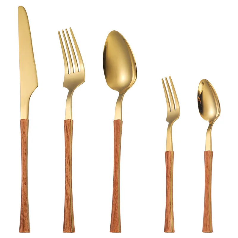 Mirror Polished Silverware Knife Spoon Fork Food Grade Stainless Steel Flatware Cutlery Set With Wood Grain Handle