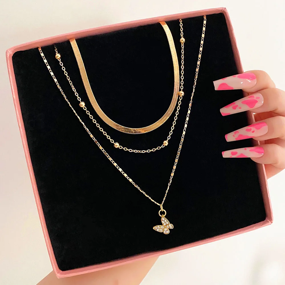 VKME Gold Color Thin Chain Bead Necklace for Women Vintage Multi-layer Necklaces Chain On Neck Fashion Jewelry Gifts