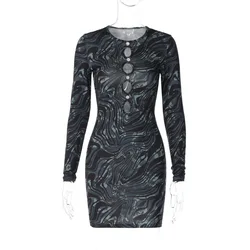 2023 Spring New Style Printed 3D Color Women Long Sleeve Sexy Mini Dress Bodycon Hollow Out