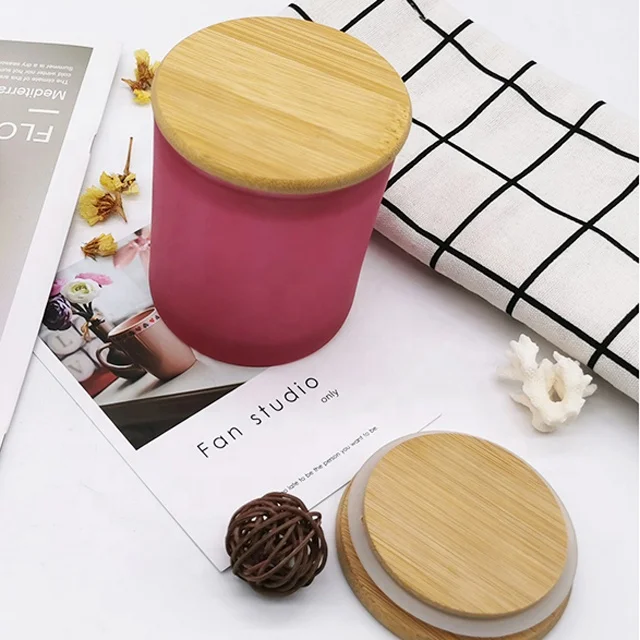 Multi color frosted empty glass candle jars with wooden lids in bulk for candle making