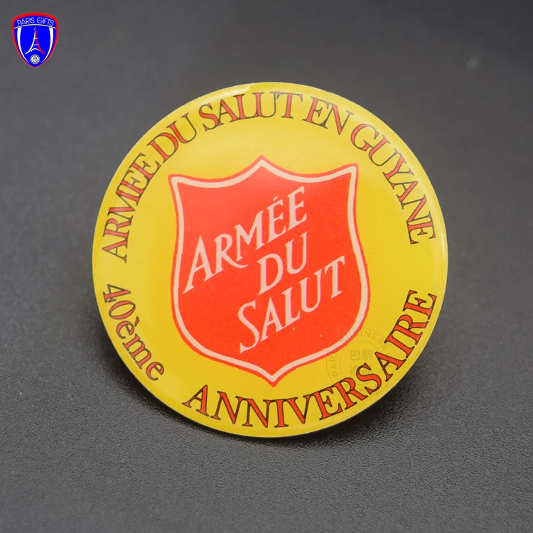 Cheap Custom Stainless Steel Epoxy Sticker Lapel Pin Aimee DU Salut with Butterfly Clutch