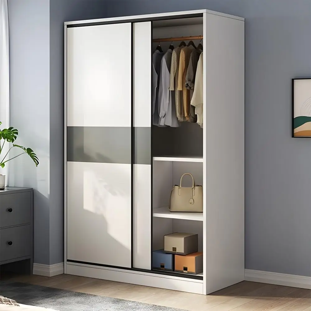 Wooden Minimalist Modern Functional Bedroom Clothes Cabinet with Shelves and Clothing Rods for Bedroom Storage