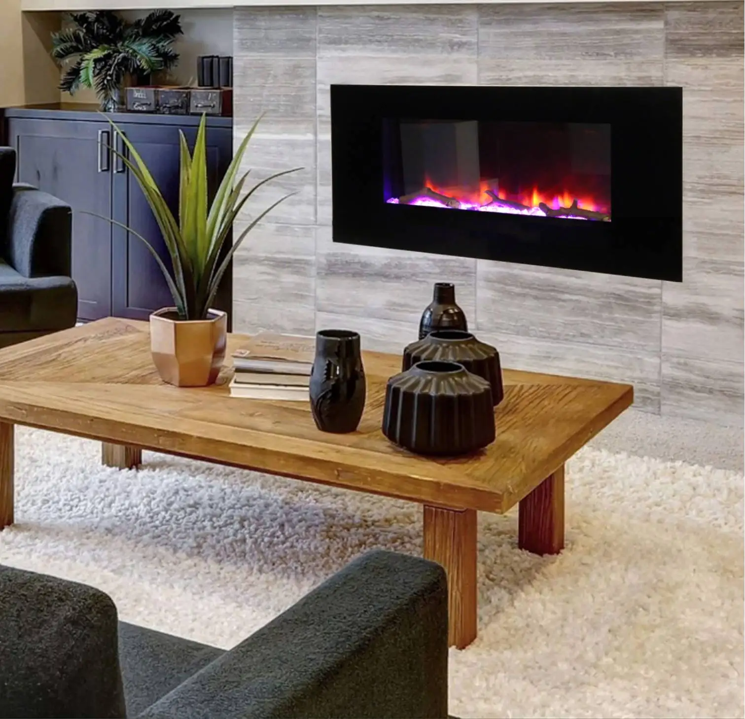 42-дюймовый полноэкранный стеклянный декор, современный настенный светодиодный Электрический камин с динамиками