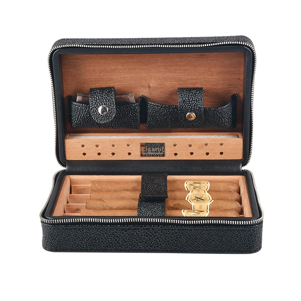 Portable Travel PU Leather Cigar Case with cutter, lighter and tray