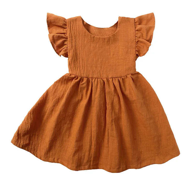 1409 Summer Back Bow Children Girls Flutter Sleeve Princess Dresses Ruffle Sleeve Linen Cotton Baby Kids Dress
