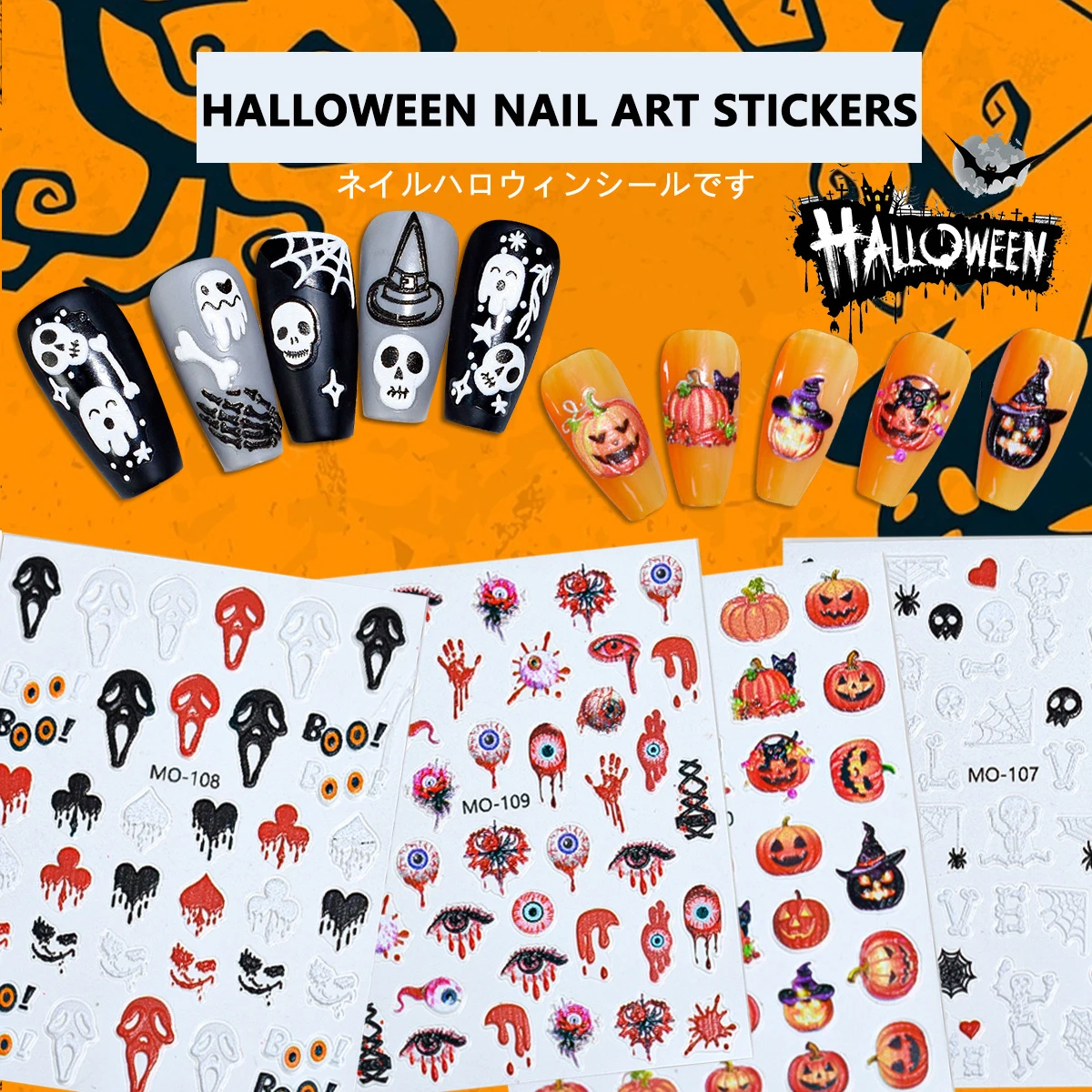 2024 New Halloween Nail Art Relief Stickers Skull Pumpkin Ghost 3D Nail Stickers Demon Theme Nail Art Stickers