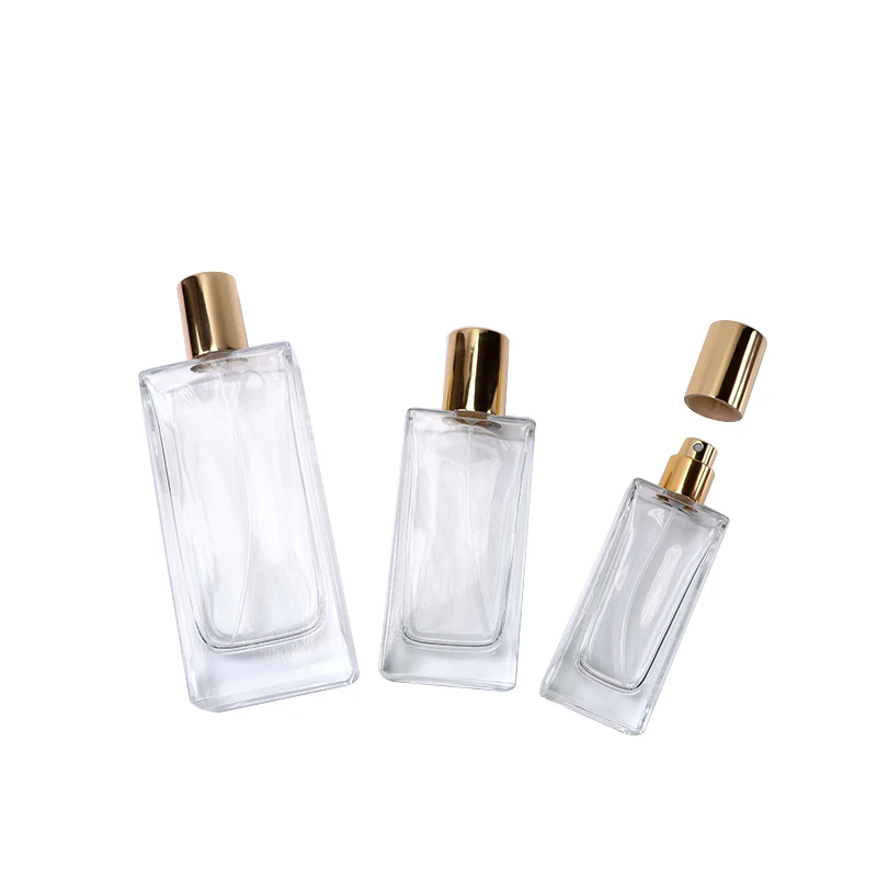 30ml 50ml 100ml clear empty square perfume glass bottle refillable crimp mouth sprayer