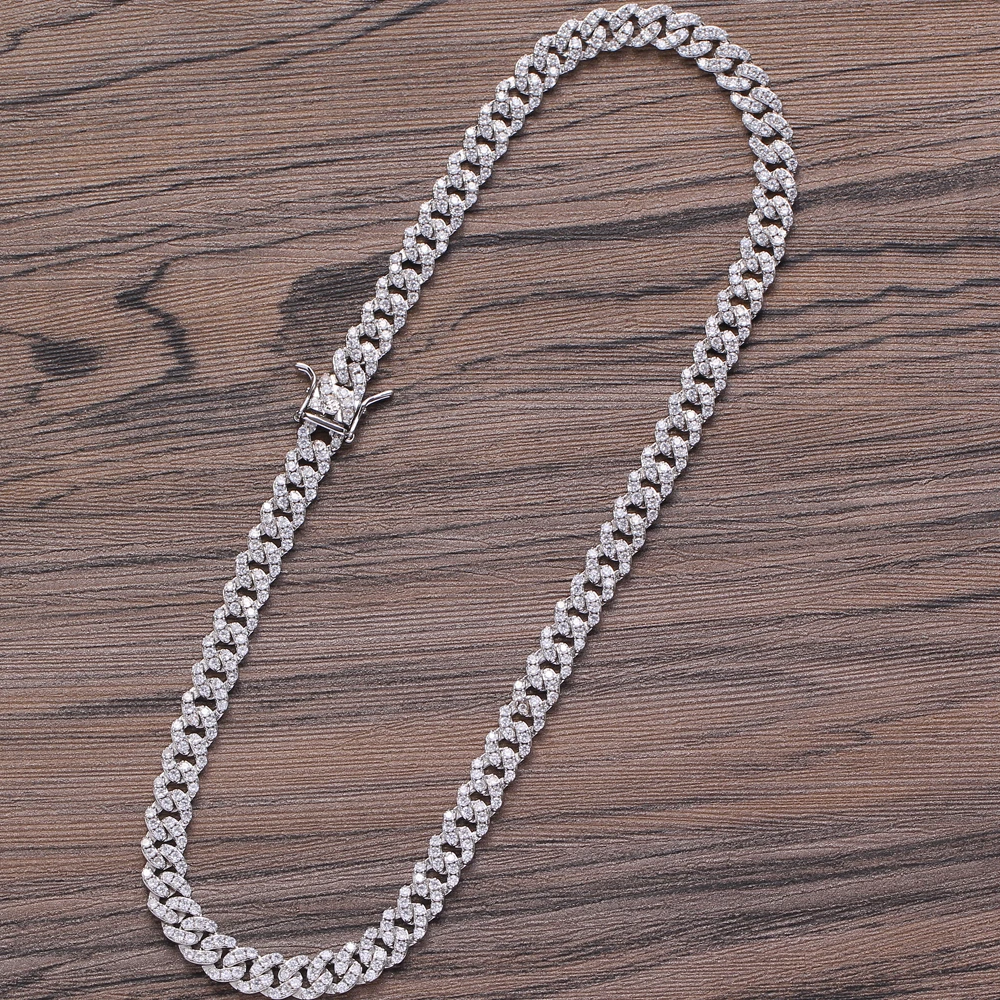 BC003 8mm Brass setting Zircon Cuban link Chain Necklace Hip hop Jewelry Bling CZ Chain Iced Out