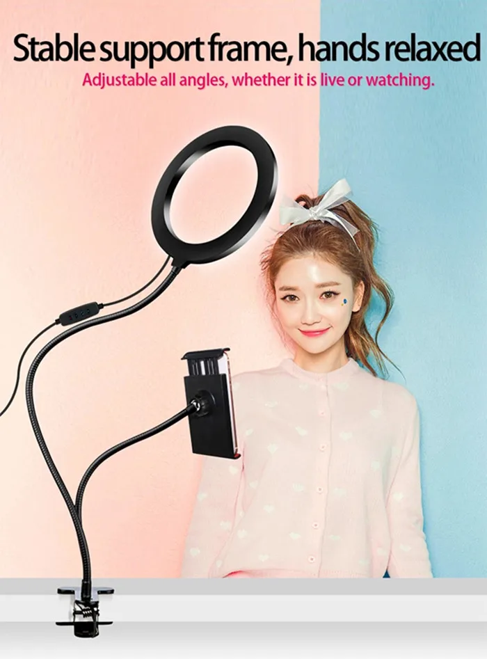 Flexible 3 in 1 Clips 8 Inch Table LED Selfie Ring Light With Cell Phone Holder for Youtube