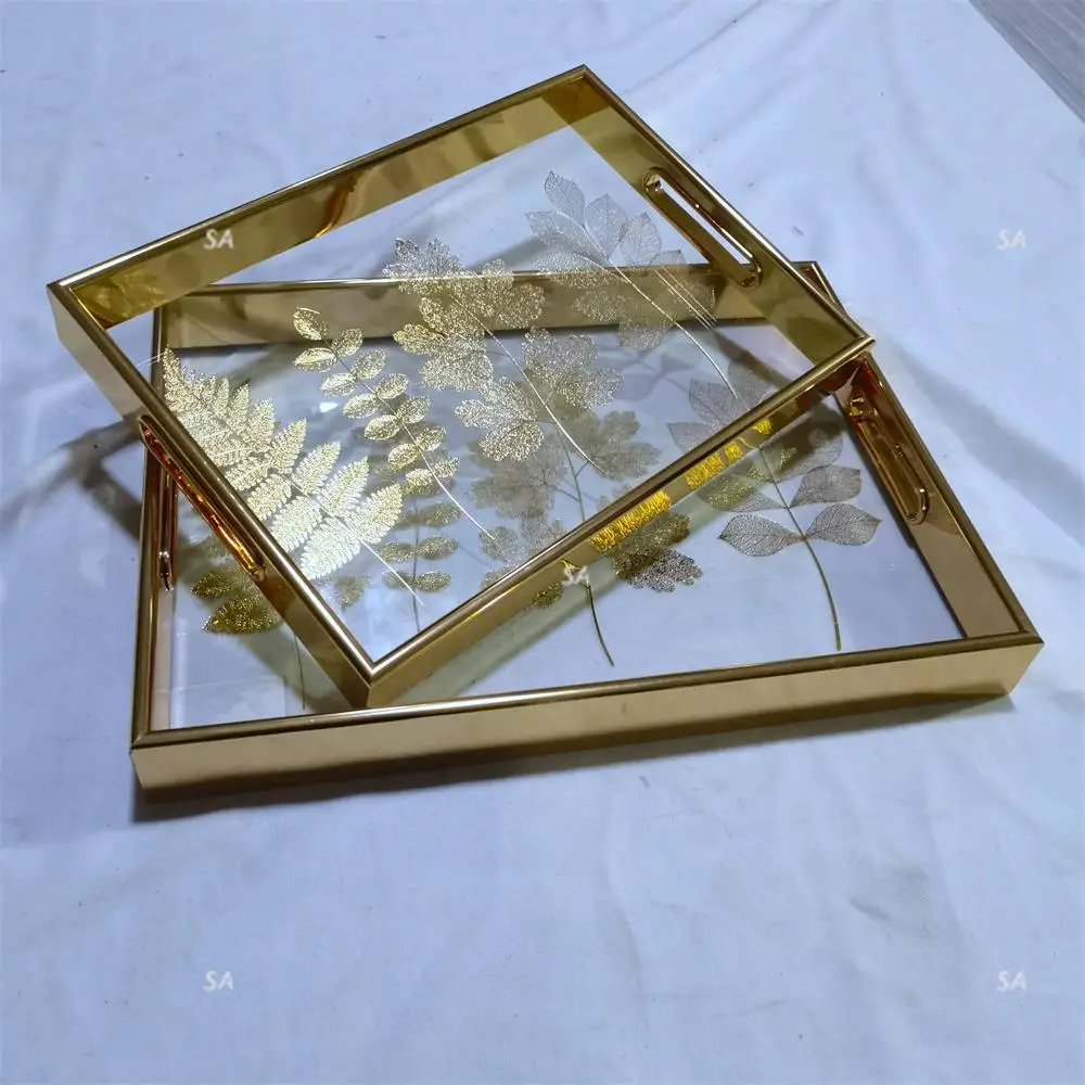 Luxury gold leaves unique design set of 2  matching glass home decorative tray serving tray