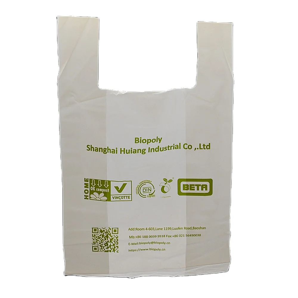 100% biodegradable PVA water soluble vest PE bag corn starch PLA+PBAT eco friendly HDPE/LDPE plastic grocery handle T-shirt bag