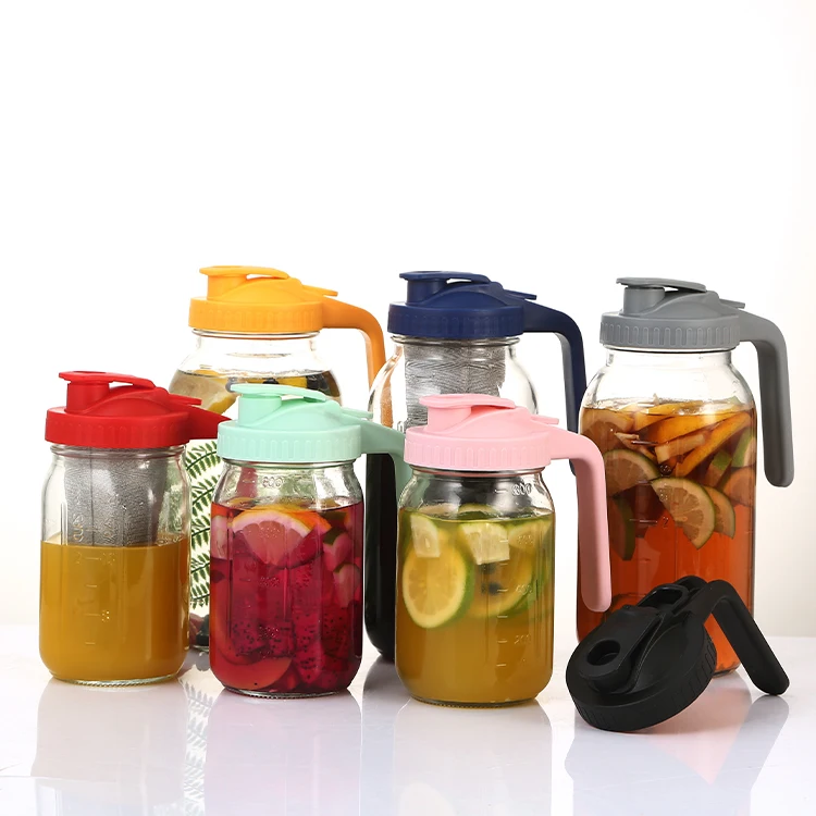 Hot Selling 32oz/64oz Glass Drinking Pitcher with Pour Spout Lid Handle 1000ml/2000ml Wide Mouth Beverage Mason Jar Tea Pot