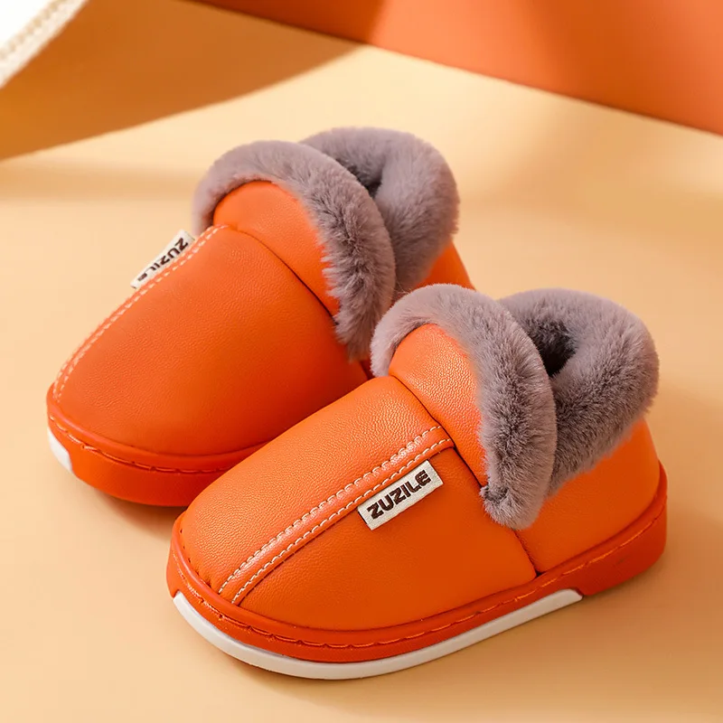 Winter Children Warm Shoes For Boy Girl Cotton Slippers PU Leather  Kid Non-slip Waterproof Shoes Fashion Home Warm Casual Shoes