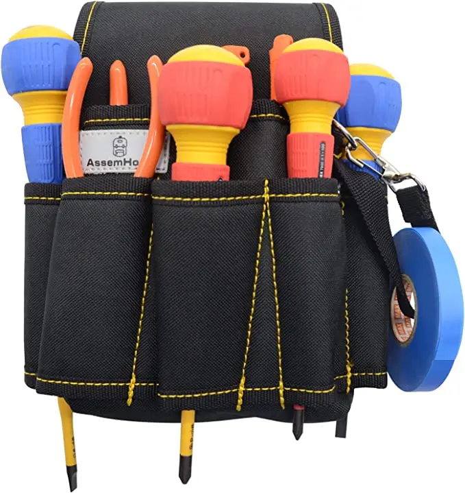 Assemhome Mini Tool Pouch With Adjustable And Removable Belts 6 Storage Pockets And Loops, Vertical Tool Electrical Tape Strap