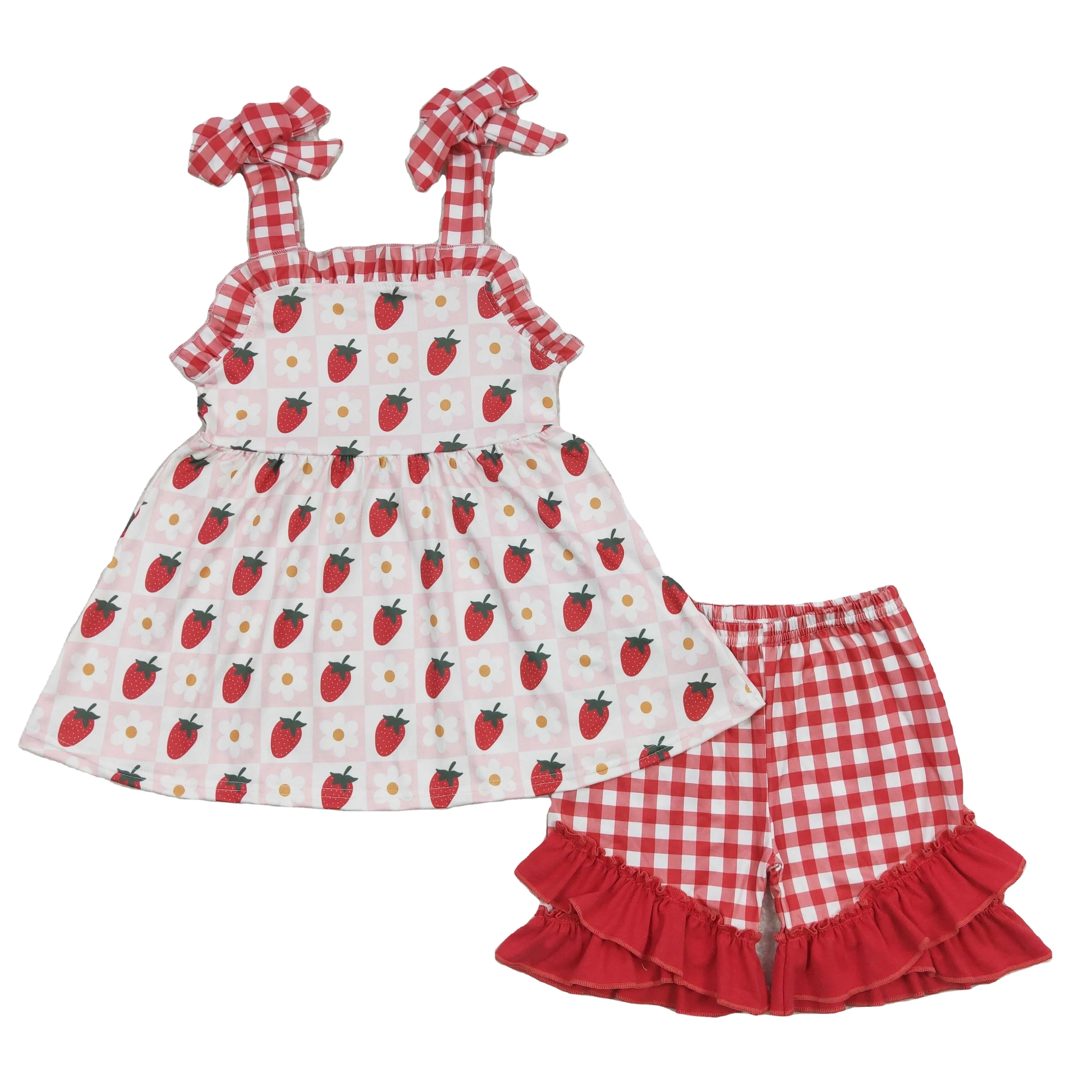 wholesale summer girls clothing Floral striped blue and white plaid lace suspender shorts suit summer boutique baby clothes