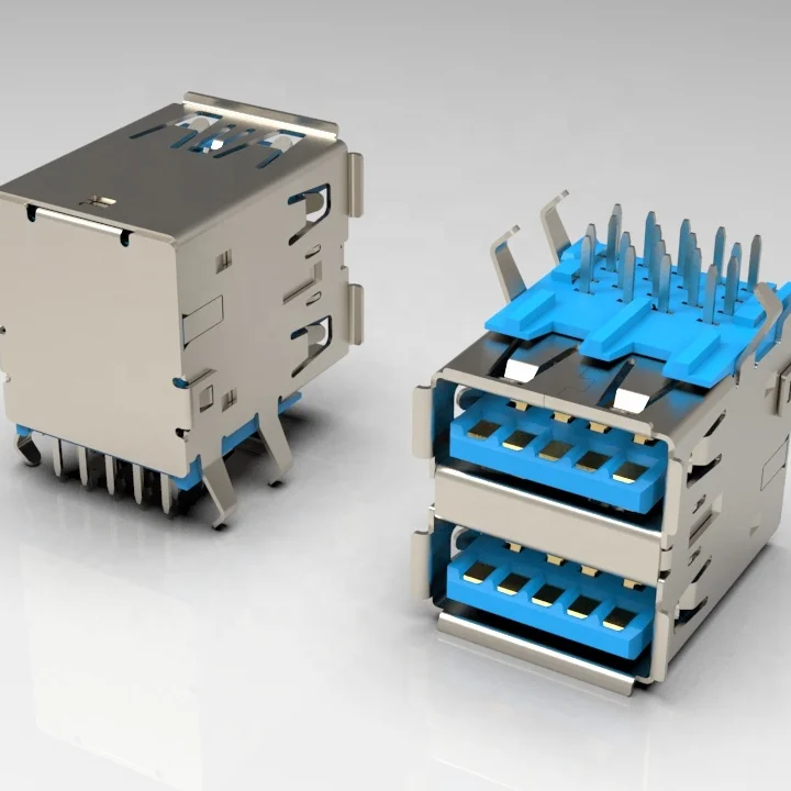 Hot Sale USB3.0 Female Double Connector  90 degree DIP 9 pin Free Sample 90 Degree DIP Plug-in USB 3.0 Type A Female Socket