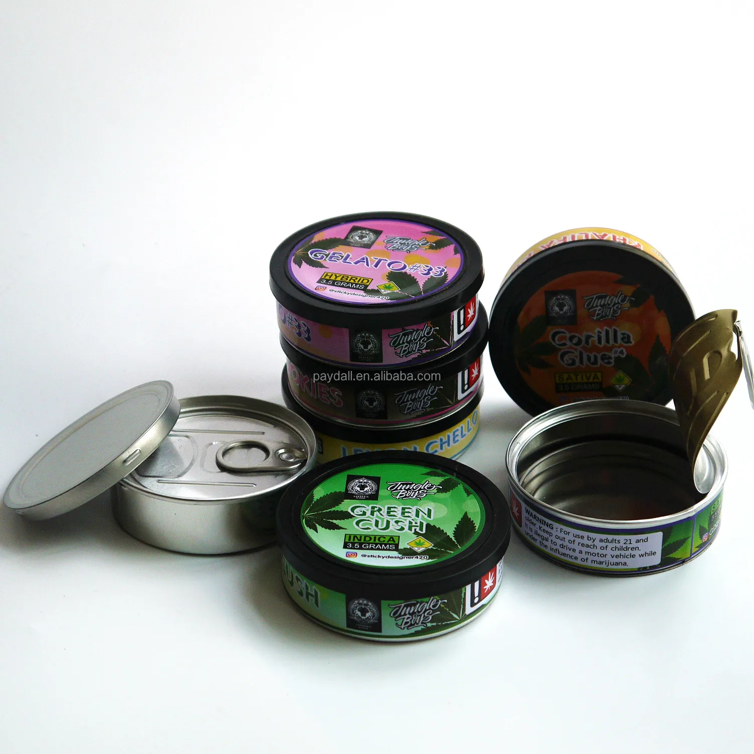 
3.5g ring pull hand sealable lid aluminum tin can and plastic lid-pressitin tin cans with dry herb labels Pressitins /Tuna tin can/Self seal ring pull can&nbsp;
