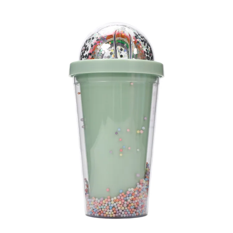 Creative Rainbow Micro Landscape Plastic Water Cup Fashion Women Straw Cup Double Layer Color Bead Cold Drink Cup