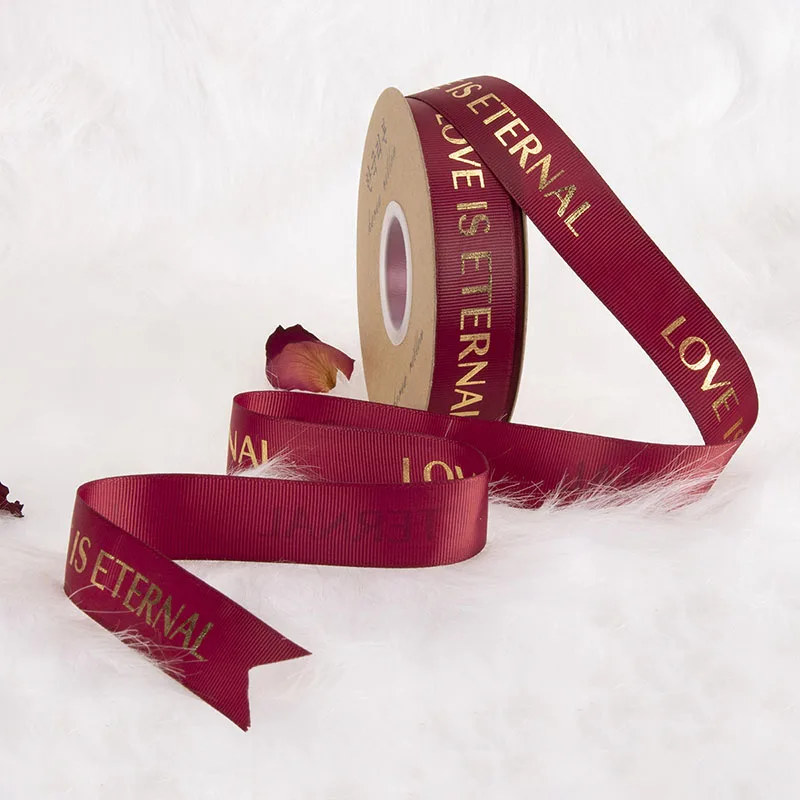 Wholesale Custom Logo Printed Your Brand Eco-friendly Grosgrain Silk Ribbon With 3D Gold Foil Logo For Gift Flowers Cakes