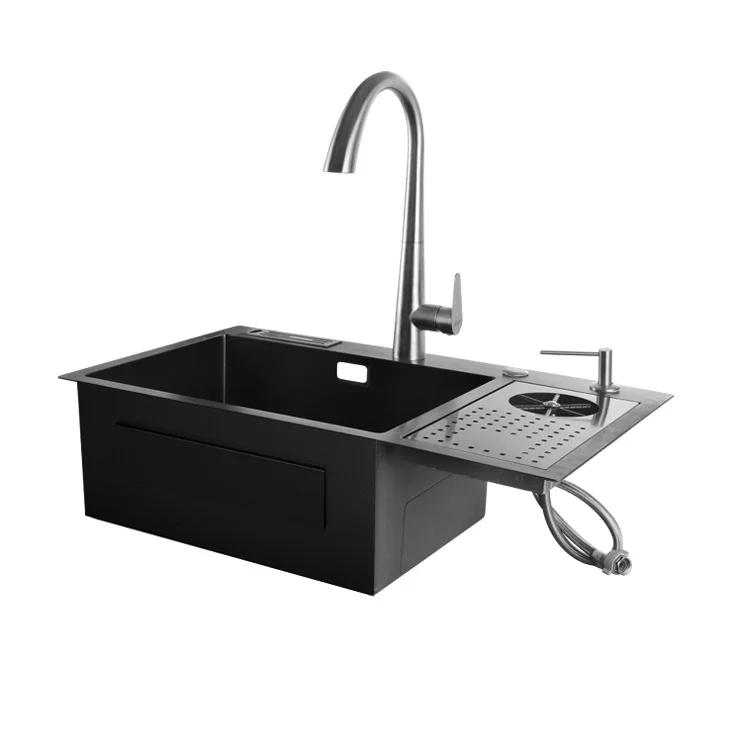 Ferreteria Manufacture Ss304 Black Nano Kitchen Sinks With Sink Rotating Cup Washer And Kichen Sink Faucet /Fregadero Negro