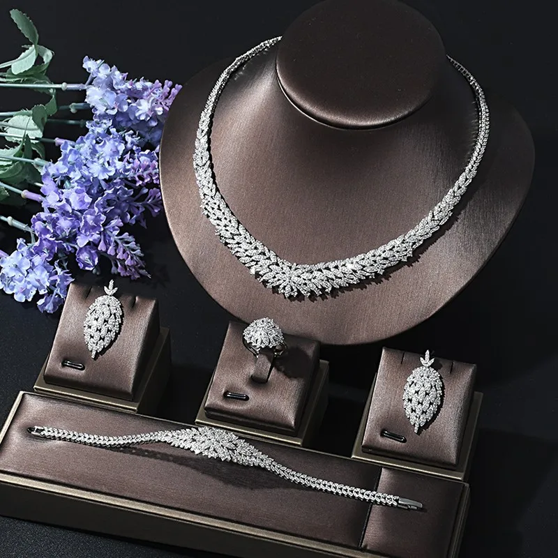 Dubai Rhodium Plated Cubic Zircon Stone Luxury Round Shape African Indian Brides Jewelry Sets for Ladies Wedding Bridal Romantic