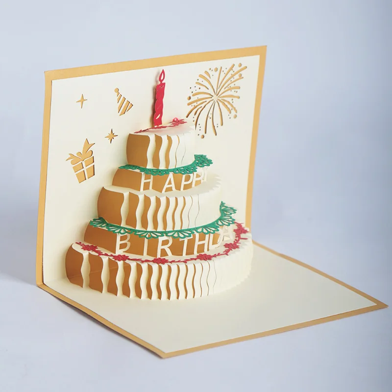 Customized 2 Fold 3d Pop Up Happy Birthday Led Light Voice Record Musical Greeting Cards with Envelope