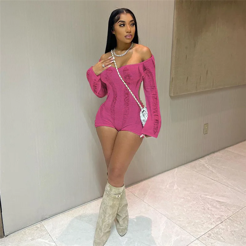 2023 Spring Women Long Sleeve Hollow Out See Through One Piece Jumpsuit Womens Rompers