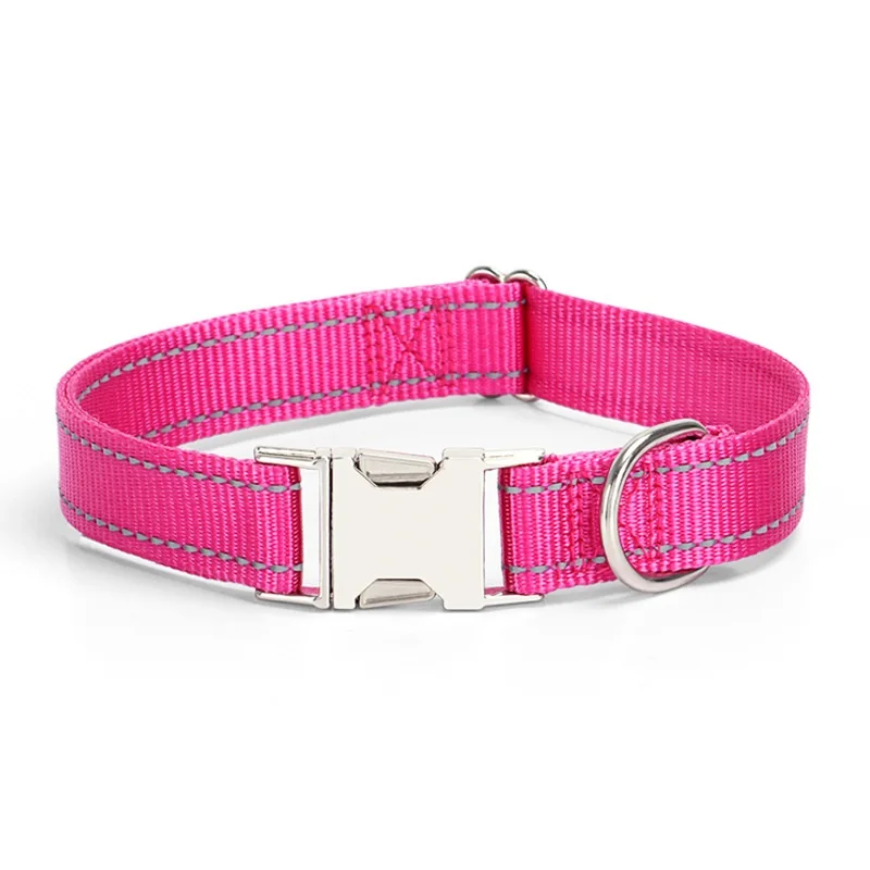 Nylon Reflective Dog Collar Solid Color Engravable Metal Buckle Outdoor Walking Collar Pet Accessories Supplies