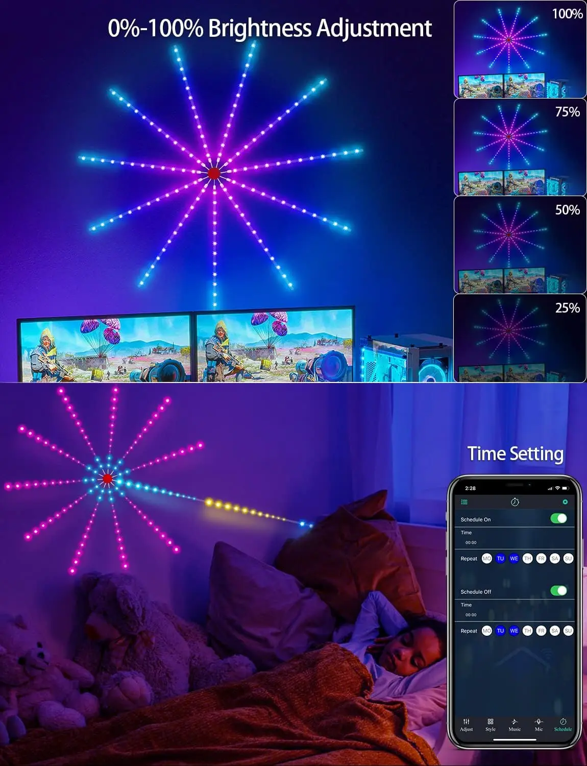 LED Sparker Lights Music Mic Sync Firework Launch Effect Remote App Control Wifi Bluetooth Smart Fireworks LED Light for Bedroom
