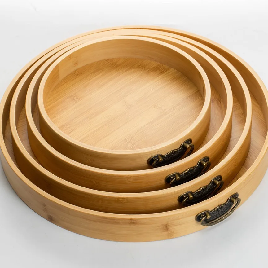 Factory Direct Sales 4-Piece Set With Metal Handles Bamboo Food Tray Natural Sturdy Round Bamboo Tray