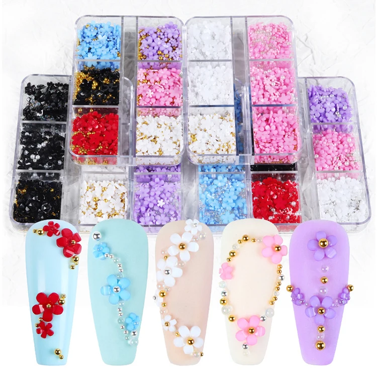 Exquisite Five Petal Flowers 6 Grid Boxed Size Mixed Resin Flower Nail Art Jewelry