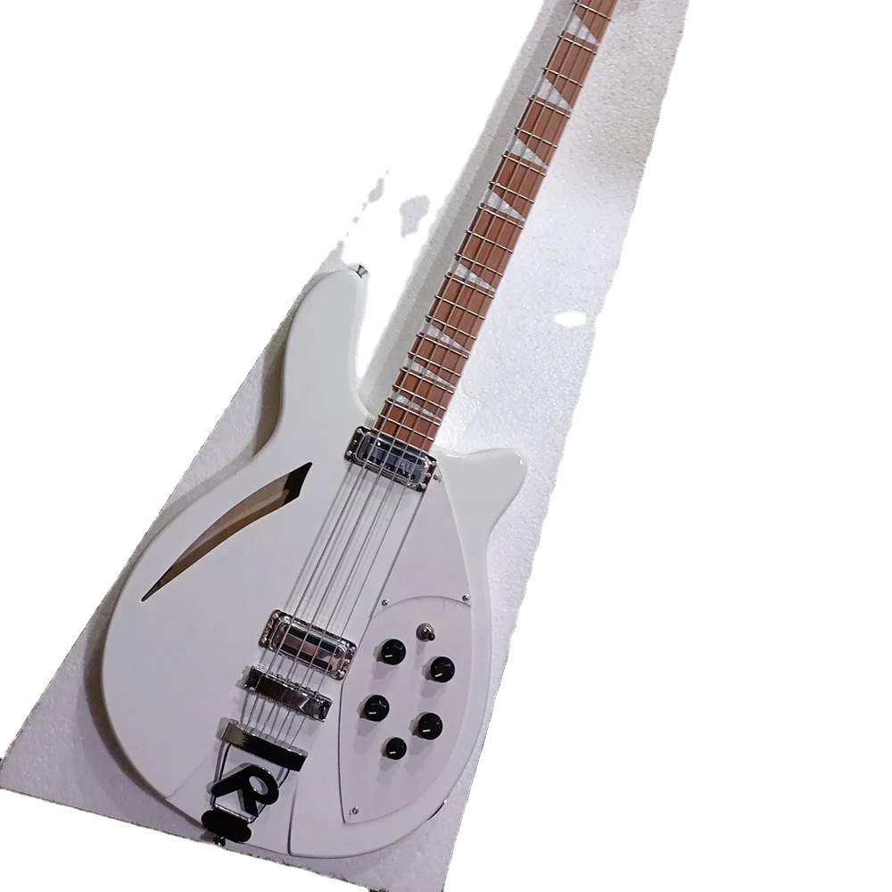 Flyoung factory White Electric Bass Guitar with 4 Strings Bass Semi-Hollow Body