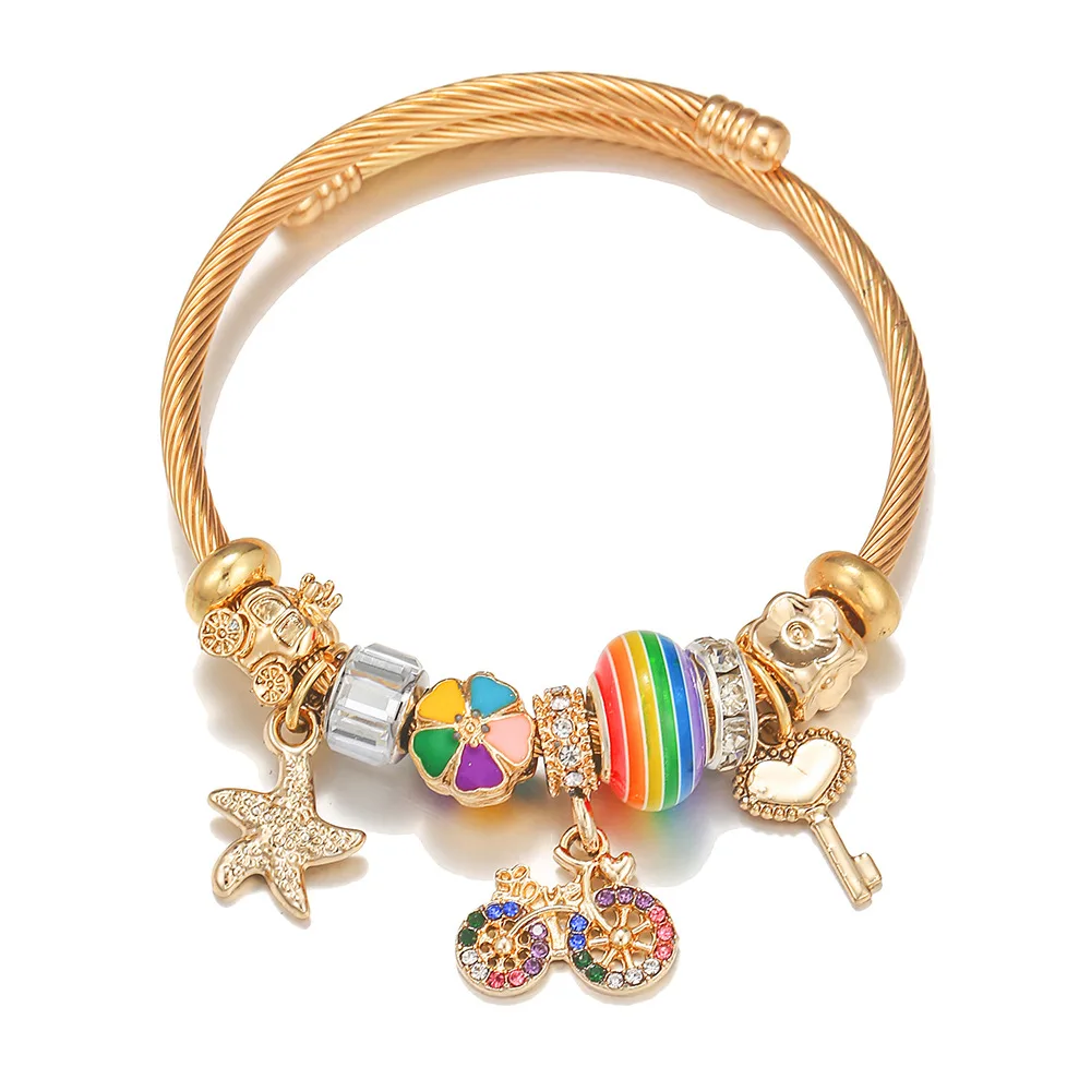 Kinling OEM Pulsera De Acero Inoxidable DIY Stainless Steel Bracelet Colorful Bicycle Pendant Bracelet Jewelry Wholesale